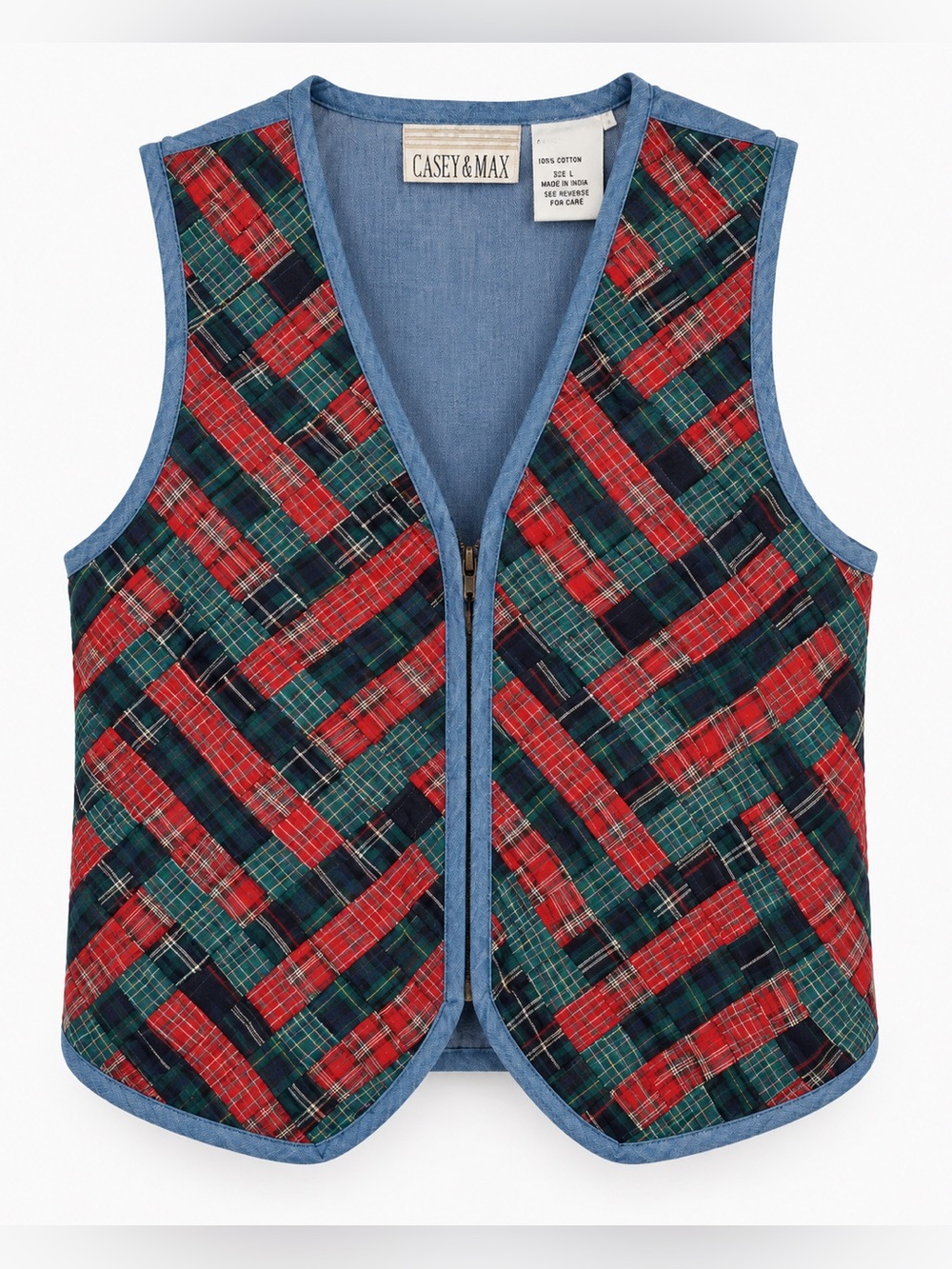 Vintage Casey & Max Plaid Patchwork Denim Vest NWT Size Large